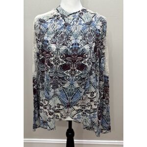 Free People Top Open Back Blue Black Boho Lace Oversized Linen Blend Medium NWOT
